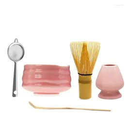 Teaware set japanska keramiska glansiga rosa matcha skål macha te visp chawan chasen hållare skopa sifter cup ceremony present