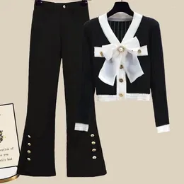 Dwuczęściowe spodnie dla kobiet setki herfst nieuwe koreaanse stijl gebreide trui cardigan knoopdecoratie wijde pijpen broek tweedelige elegante