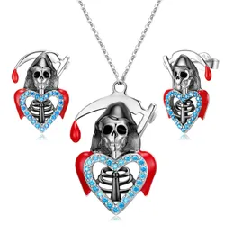 ネックレスAie Sterling sier EarringHellbringer Scythe Skull Necklace Pendant Jewelry Set Hiphop/Rock Gift for Women Party