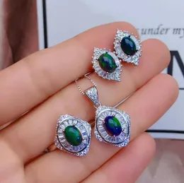 Kolyeler Meibapj Doğal Siyah Opal Taş Çiçek Küpe Yüzük ve Kolye 3 Siut Kadınlar için Gerçek Sterling Sier İnce Takı Seti