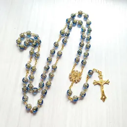 Pendant Necklaces CottvoRhinestone St Benedict Medal Rosary Necklace Religious Blue Rose Prayer Beads Chain Crucifix Cross Jewelry