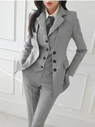 Mulheres vintage de alta qualidade terno escritório senhoras trabalho wear ol pantsuits formal feminino blazer jaqueta colete calças 3 peças conjunto 240113