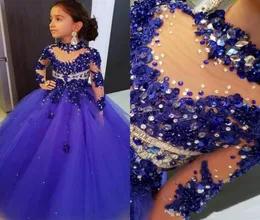 2022 Alta Neck Girls Pageant Vestidos para Casamentos Manga Longa Royal Blue Beads Flower Girl Dress Até o Chão Crianças Aniversário Commun2712418