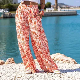 Pantaloni da donna Casual Boho Beach Vacation Moda donna Stampato Allentato Ufficio Ladiy Gamba larga Pantalone elastico in vita femminile 2024 Sunmmer