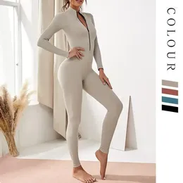 Aktiva uppsättningar Långt dragkedja Sports Jumpsuit Women's Dance Fitness gängad yogadräkt Träningskläder för kvinnor Gymuppsättning leggings