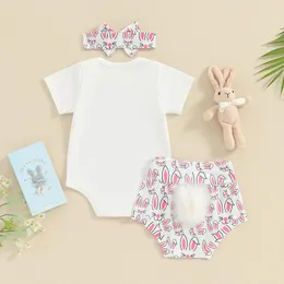 Conjuntos de roupas de Páscoa Outfit Baby Girl Manga Curta Romper Tops Shorts Set Headband 3Pcs Roupas de Verão