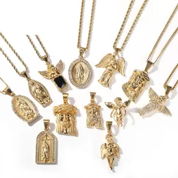 الهيب هوب بلينغ لون الذهب من الفولاذ المقاوم للصدأ ملاك عذراء مريم يسوع قطعة قلادات للرجال المجوهرات 240115