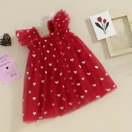 Mädchen Kleider Säugling Baby Valentinstag Romer Tutu Kleid Ärmel Herz Druck Tüll Mesh Overall Set mit Schleife Stirnband