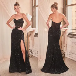 Preto brilhante sereia vestidos de noite sem alças lantejoulas vestidos de baile sem costas ilusão lado split vestidos de festa feitos sob encomenda