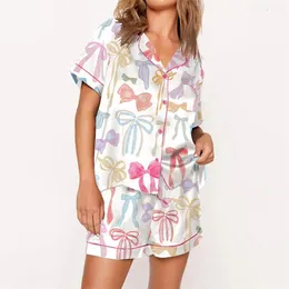 Satin Pyjama Set Women Y2K Clothes Graphic Print Lapel Neck Button Down Short Sleeve Tops + Shorts 2000s Loungewear 240115