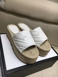 女性Espadrilleslideデザイナーサンダル高品質のリアルレザーコードプラットフォームダブルハードウェアアウトドアビーチスライドMJ1875