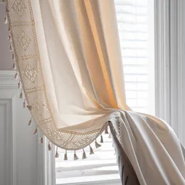 Boho Linen Semi Blackout Curtains 1 패널로드 포켓 하우스 농가 크림 수제 면봉 스티치 레이스 술집 커튼 TJ9175 240115