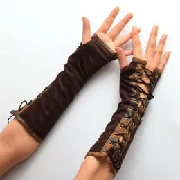 1 par feminino steampunk lolita braçadeiras punho de mão vintage vitoriano tie-up luvas marrons acessórios cosplay new254p