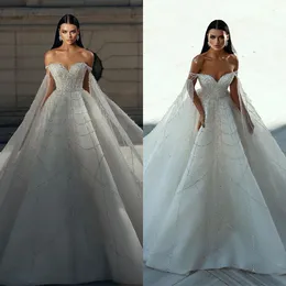 Luxury A Line Women Wedding Dress Sweetheart Off Shoulder Bridal Gowns Sequins Rhinestone Backless Sweep Train Dress Custom Made