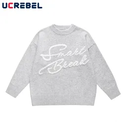 Brevbroderi Crew Neck Sweater Menns Streetwear Loose Long Sleeve Sticked Pullover Men Autumn 240115