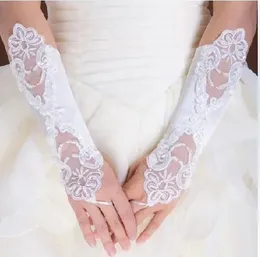 Handskar gratis frakt! I lager! 10 "White Ivory Wedding Party Fingerless Pearl Lace Satin Bridal Gloves
