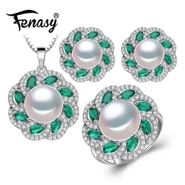 Collane Fenasy Sier Set di gioielli colorati Orecchini di perle naturali per le donne Collane con ciondolo grandi smeraldi bohémien Anelli verdi