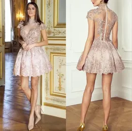 Sexy See Through Short Homecoming Dresses High Neck 2024 A-Line Cap Sleeve Lace Appliques Sequins Beaded Mini Cocktail Party Prom Gowns Above Knee