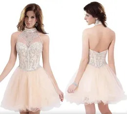 Sweety aberto de volta halter pescoço luz laranja vestidos de baile curto organza vestidos de baile curto modesto nova chegada cristal bonito vestidos