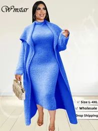 Wmstar Plus Size Damenbekleidung, Kleidersets, 2-teilige Outfits, Kleider und Strickjacke, passender Anzug, Großhandel, Drop mit Gürtel 240115
