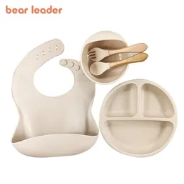 Bear Leader Children's Tableware Set Baby Silicone Supplementary Food Bowl Bibs Waterproof And Leak Proof 240115