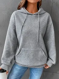 Felpa da donna tinta unita autunno inverno con cappuccio waffle girocollo manica lunga 240115