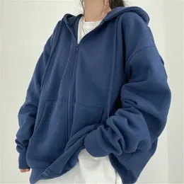 Mulheres hoodies cor sólida zip up bolso oversized harajuku moletom coreano feminino manga longa com capuz streetwear casual topo 240113