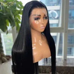 合成ウィッグYYSOO LONG BLACK FUTURA SYNTETIC HAIR 13X4 GLUELESS LACE FRONT WIGS FOR BLACK WOMEN PRUCKED STRAIGHTHALF HAND TIED WIG Q240115