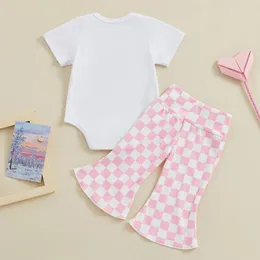 Conjuntos de ropa para bebés y niñas, mameluco con estampado de letras, cintura elástica, pantalones acampanados a cuadros, ropa de verano de manga corta