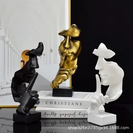 Denker-Statue, Skulptur, Stille ist Gold, Figuren, Kunstharz, Retro-Heimdekoration für Büro, Arbeitszimmer, Wohnzimmer, abstrakte Gesichtsornamente 240113