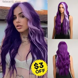 Syntetiska peruker onenonly Long Purple Wig Syntetiska peruker för kvinnor Wave Cosplay Party Halloween Wig High Quality Hair Q240115