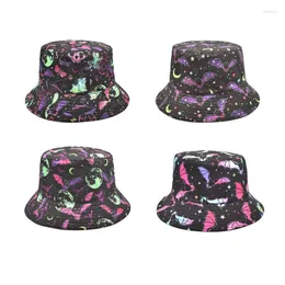 BERETS 2024 Four Seasons Cotton Cartoon Bat Print Bucket Hat Fisherman Outdoor Travel Sun Cap Men for Men and Women 242