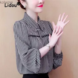 Chaquetas de mujer a cuadros elegante dulce elegante volantes encaje Patchwork moda coreana blusa mujer Casual manga larga suelta camisas con botones señoras Tops YQ240115