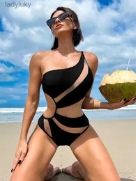 Swim Wear In-x Sexig One Shoulder One Piece Swimsuit Mesh Patchwork Swimwear Women 2023 New Cutout Bathing Suit Black Bodysuit Beach Wearl240115