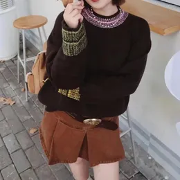 여자 스웨맹 Zessam 대비 색상 Jacquard 니트 풀오버 O-Neck Long Sleeve Female Sweater Folk-Custom Classic Casual Cozy Lady Top