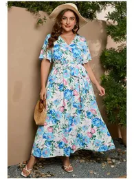 Basic Casual Dresses Robe longue de plage pour femmes grande taille 4XL 5XL col en V manches courtes imprim Floral style Boho 2023 YQ240115