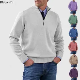 Masculino casual quente malha suéteres sólido gola alta com zíper pullovers topos manga longa malhas jumpers 240113