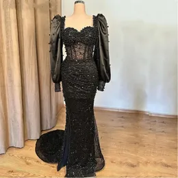 Robe De bal sirène noire, Sexy, paillettes, grande taille, perles, fente latérale, Robe De soirée formelle, 2024