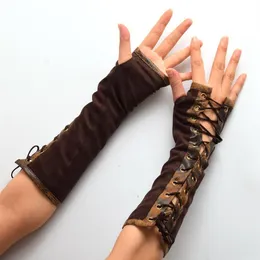 1pair Women Steampunk Lolita Armbands HAND CUFF Vintage Victorian Tie-Up Brown Mittens Gloves Cosplay Accessories New284M