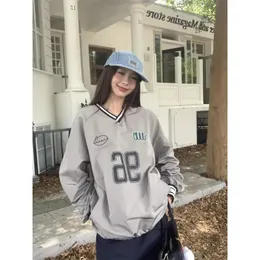 Deeptown Korean Fashion Vneck Pullover Women Graphic Blushirts Y2K Streetwear Long Rleeve Blue Autumn Tops Hippie Estetyka 240115