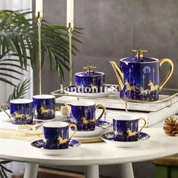 Luxurious golden-rimmed Blue color Carousel coffee set Bone china cups and saucers Porcelain tea set 15 pcs Ceramic Tableware set 183W