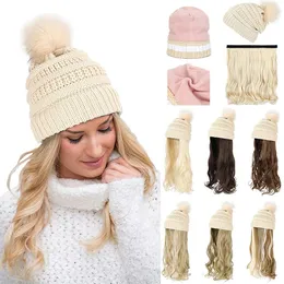 Shangzi hatt peruk syntetisk lång vågig peruk vit plus sammet basker hatt stickad mode svart höst vinter cap hår peruk förlängningar240115