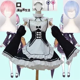 Anime Rezero Kara Hajimeru Isekai Seikatsu Farklı Bir Dünya Ram Rem Cosplay Cosplay Costume Perukları Hizmetçi Elbisesi Cadılar Bayramı Costume208W