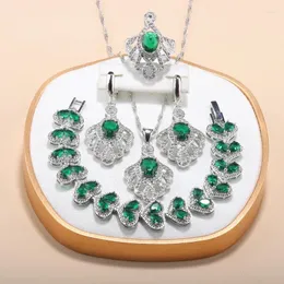 Necklace Earrings Set Elegant Women Luxury Heart Bracelet Green Big Accessories Wedding And Bridal Adjustable Ring