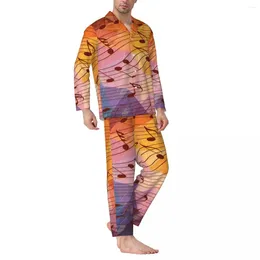 Mäns Sleepwear Music Notes Autumn Blue Orange Aesthetic Oversize Pyjamas Set Mens LongeeLeses Warm Leisure Mönster Nattkläder