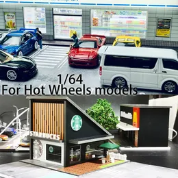 Model samochodu 1 64 Diorama Garage LED Supermarket Ze Supermarketem z lekkim parkingiem Diecast Model wyświetlacza dla Wheel Man Prezent 240115