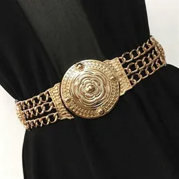 2019 Kvinnor Flower midjebälten Fashion Ladies Floral Elastic Wide Gold Metal Belt för klänning Kvinnliga gyllene kedjebälte flickor328f