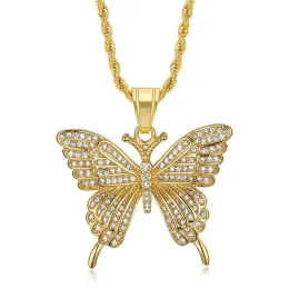 Hip Hop Iced Out Bing Butterfly Pendant Male Golden Color 14k Yellow Gold Animal Necklace for Men Punk Jewelry Gift