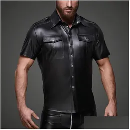 Męskie koszulki męskie T-shirty Mężczyźni y Wetlook Lateks Button Soft Faux PU skórzana koszula