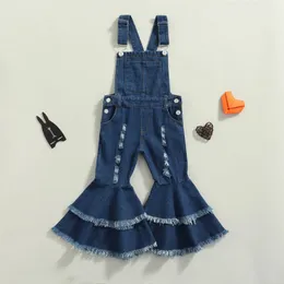 2-7Y Moda Criança Bebê Meninas Roupas Cor Sólida Sem Mangas Macacão Jeans Macacão Verão Suspender Calças Flare Outfit 240115